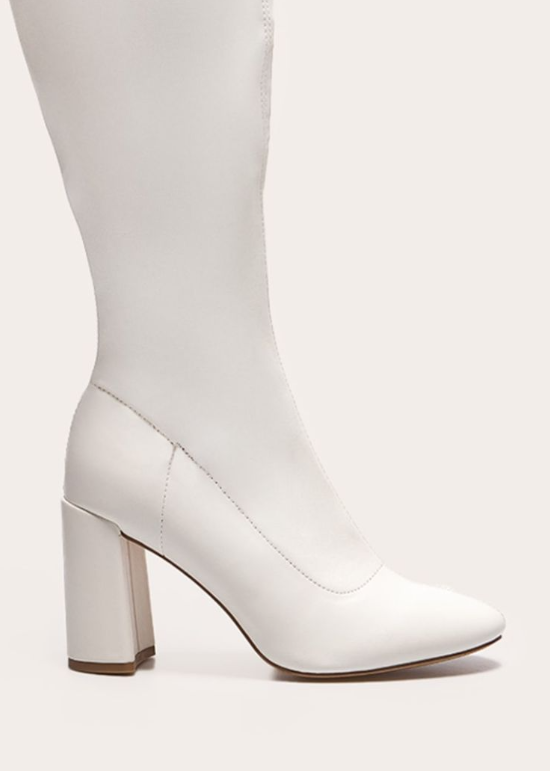 Plt - Cream PU Wide Fit Round Toe Knee High Block Heeled Sock Boots