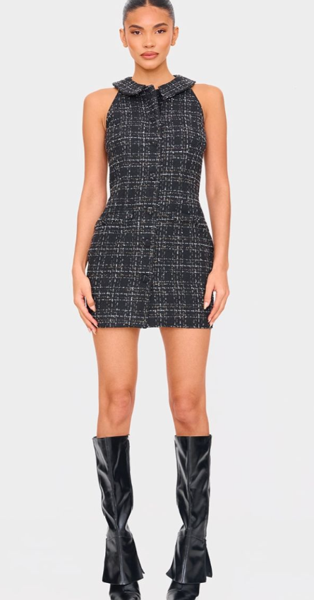 Black Boucle Button Up Mini Dress