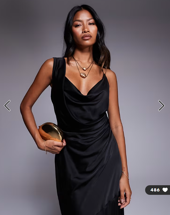 TFNC one shoulder maxi dress with cross strap back in black satin