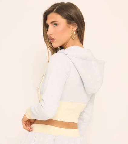 Long Sleeve Contrast Detail Cropped Zip Up Hoodie In Grey