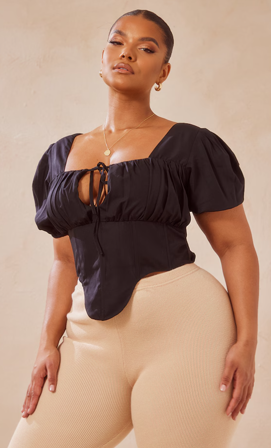 Plus Black Tie Front Corset Blouse