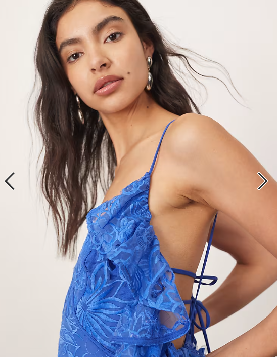 ARRANGE cutwork lace drop waist ruffle detail midi dress with tie back in cobalt blue