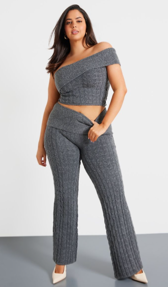 Plus Charcoal Marl Textured Knit Foldover Wide Leg Trousers
