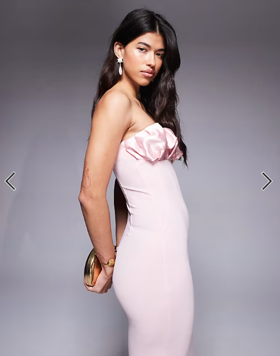 ASOS DESIGN bandeau midi dress with pleated satin bust cups in light pink in scuba-style fabric