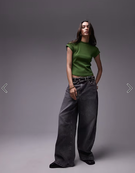 Topshop rib fitted curve hem tee in olive green