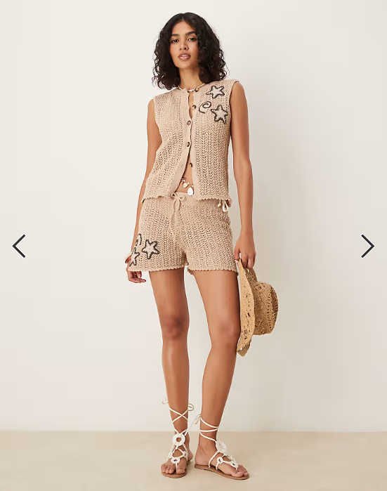 ASOS DESIGN knitted waistcoat co-ord with crochet shells in brown
