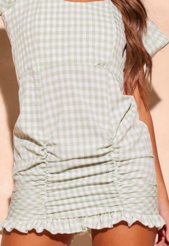 Sage Gingham Puff Sleeve Bodycon Dress