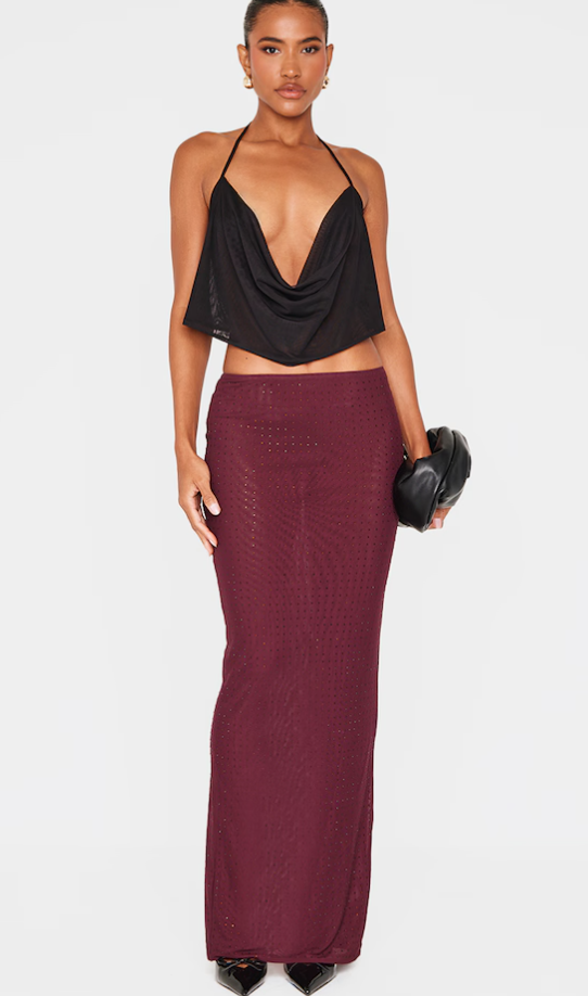 Burgundy Hot Fix Mesh Maxi Skirt