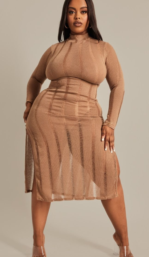 Plus Oatmeal Distressed Long Sleeve Midi Dress