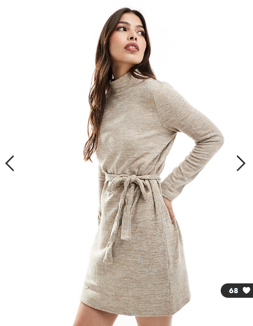 Vero Moda high neck knitted mini dress with tie waist in beige melange