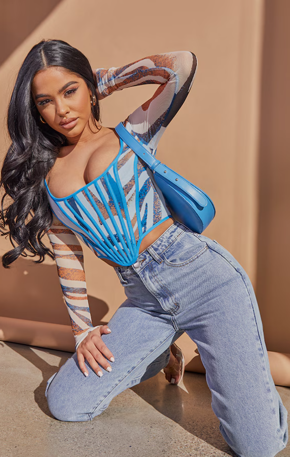 Petite Blue Zebra Printed Mesh Binding Detail Long Sleeve Corset