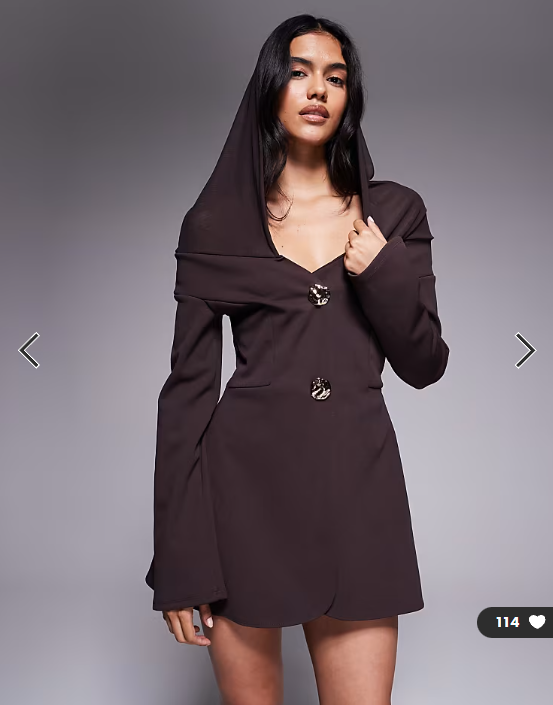 ASOS DESIGN double hem detail mini dress with chunky gold button front and mesh shoulder and hood cowl
