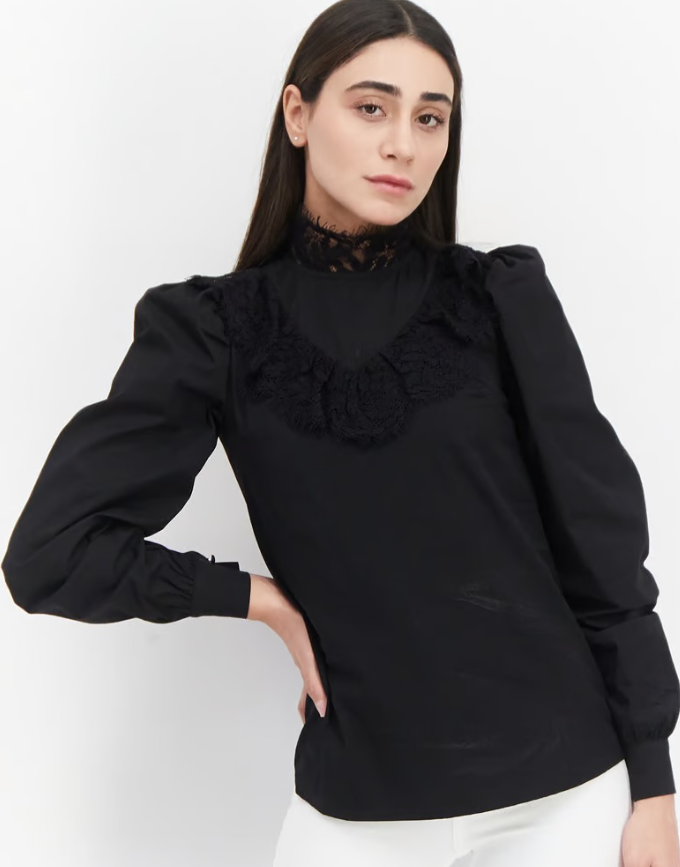 Glamorous - Women Tall Mock Neck Long Sleeves Textured Blouse, Black