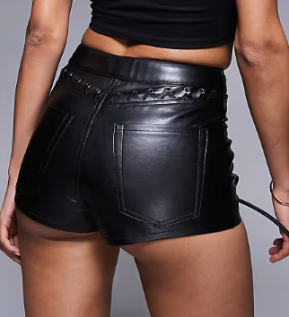 ASOS DESIGN leather look knicker shorts with lace up detail in black