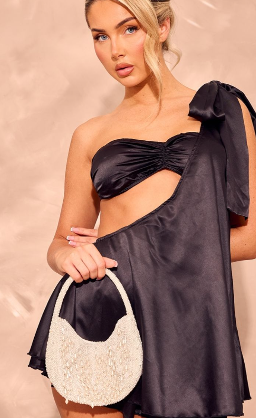 Black Satin One Shoulder Cut Out Floaty Skort Playsuit