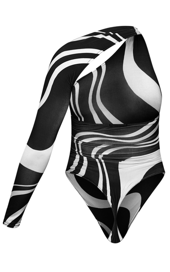Black Zebra Printed One Shoulder Asymmetric Bodysuit