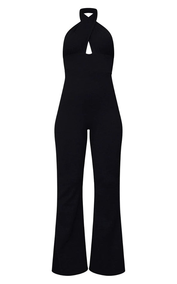 Black Cross Neck Tie Back Rib Jumpsuit