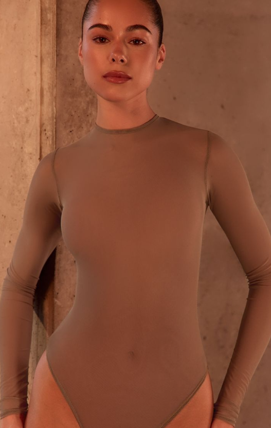 Label Taupe Mesh Long Sleeve Bodysuit