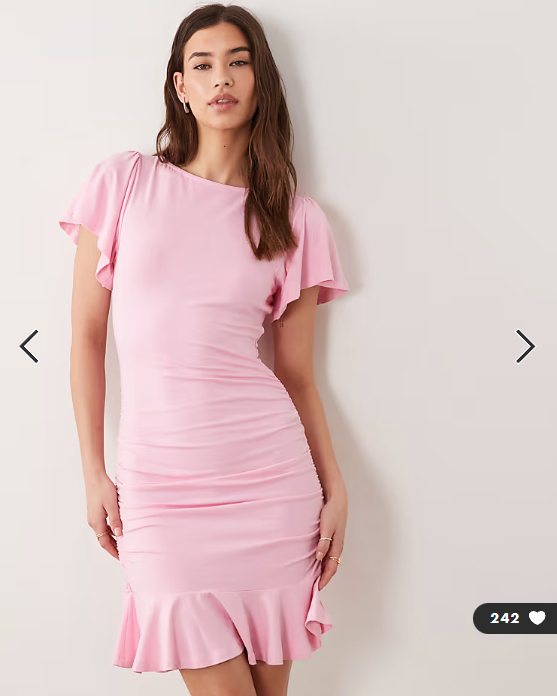 ASOS DESIGN flutter angle sleeve slash neck ruched mini dress in pastel pink