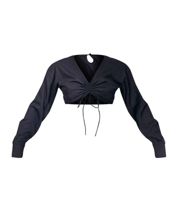 Black Woven V Neck Ruched Tie Front Long Sleeve Crop Top