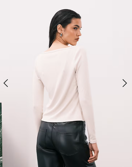 Abercrombie & Fitch long sleeve ribbed button through top in beige