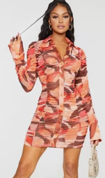 Multi Abstract Print Mesh Ruched Oversized Cuff Shirt Dress