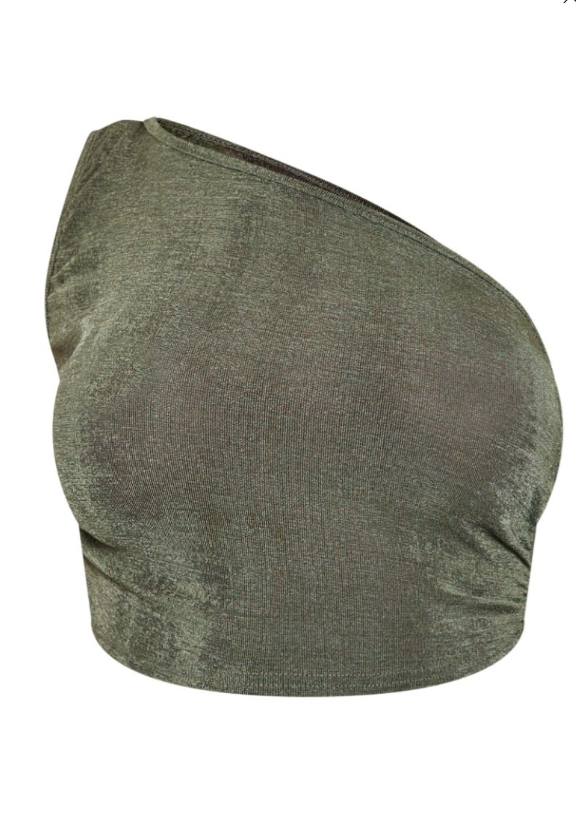 Khaki Acetate Slinky One Shoulder Ruched Top