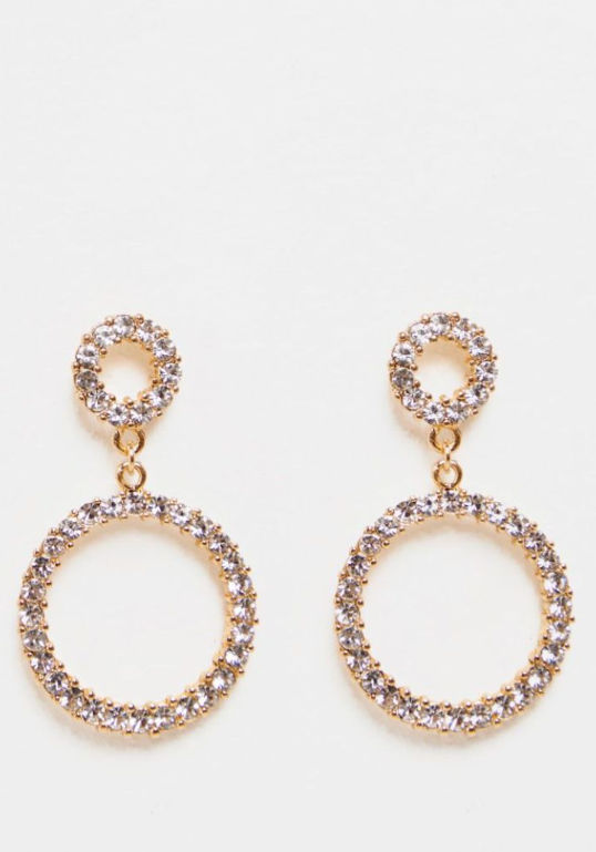 Gold Diamante Double Ring Drop Earrings