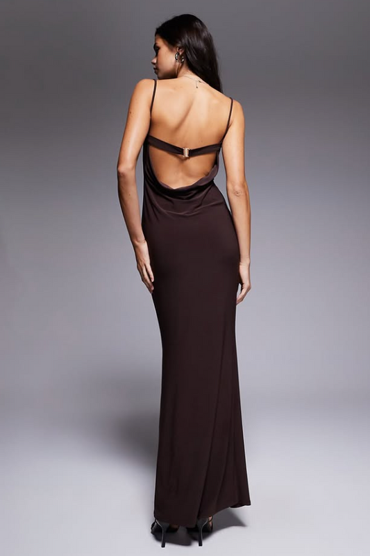 Asos -cowl drape maxi slip dress with faux bra strap in brown