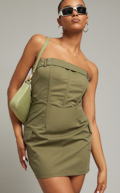 Khaki Bandeau Belted Corset Cargo Bodycon Dress