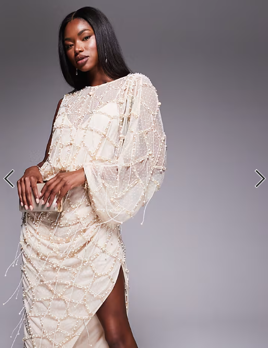 ASOS DESIGN pearl and fringe embellished drape maxi dress in cream