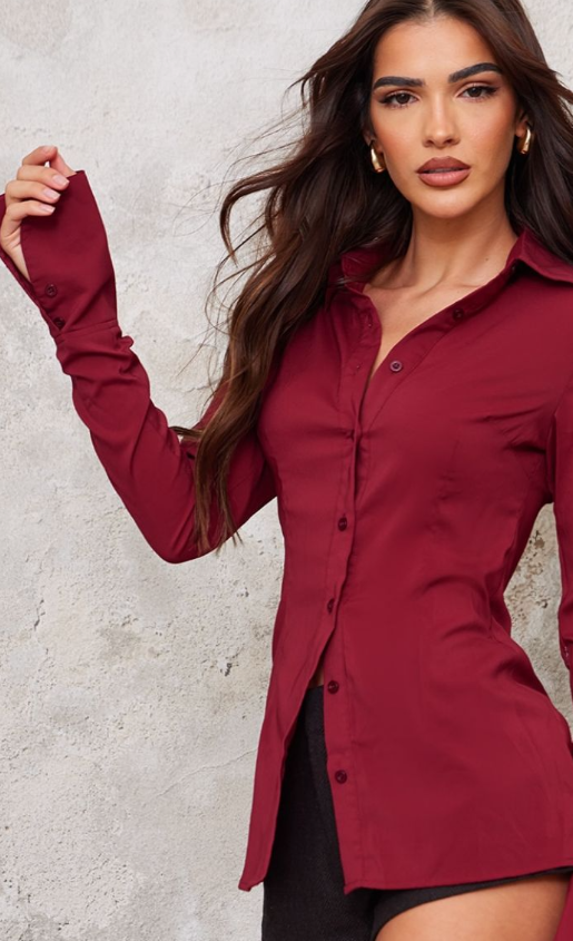 Maroon Chiffon Fitted Shirt