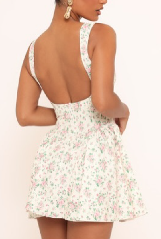 Ego square neck dropped hem detail mini dress in pink floral