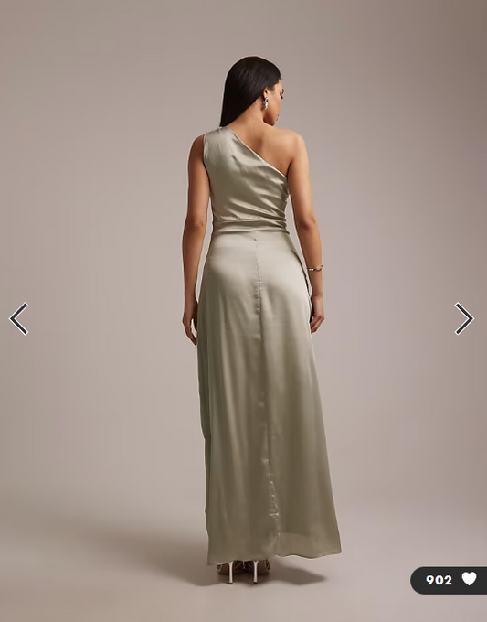 TFNC Bridesmaid satin one shoulder wrap skirt maxi dress in sage green