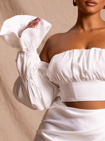Plus Premium White Constructed Satin Ruched Balloon Sleeve Crop Top