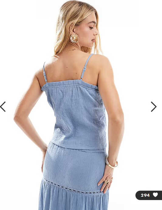 Esmee Exclusive tie front tiered beach crop top in blue