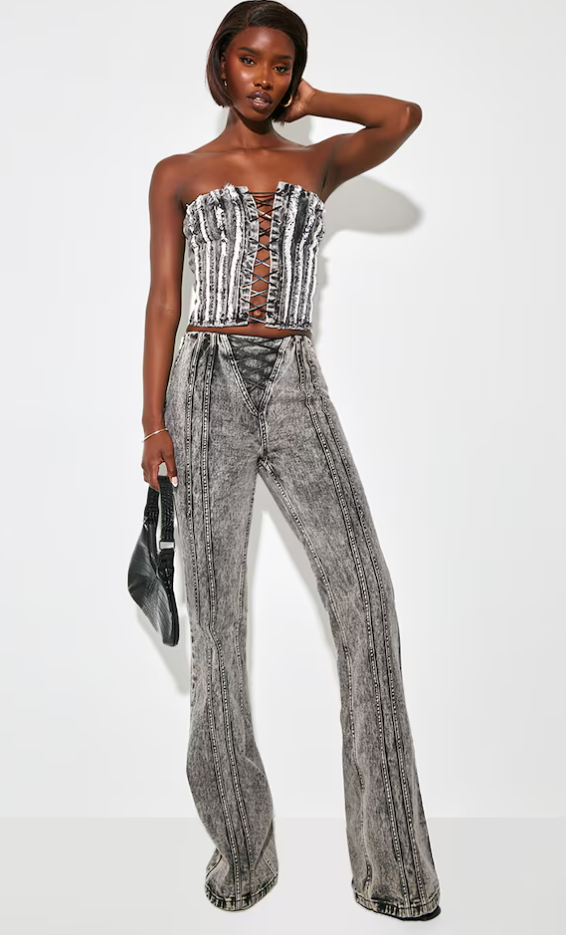 Tall Washed Grey Low Rise Seam Detail Flared Jeans