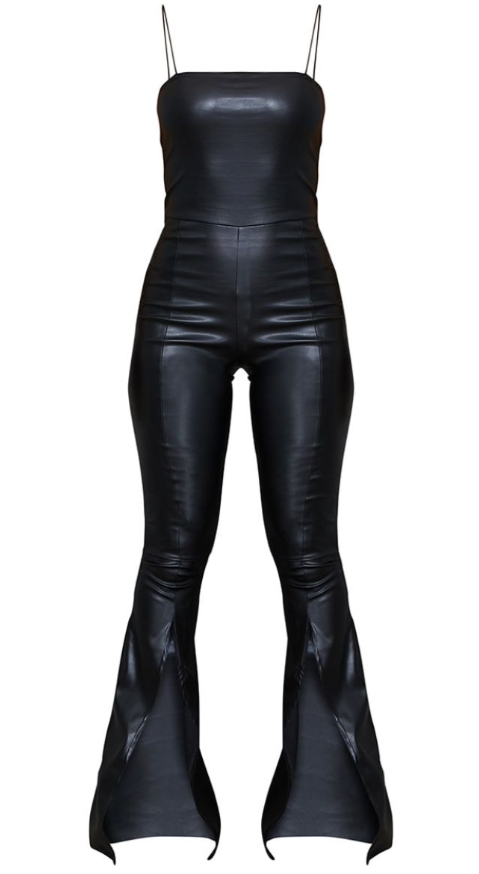 Black PU Strappy Split Hem Flared Jumpsuit