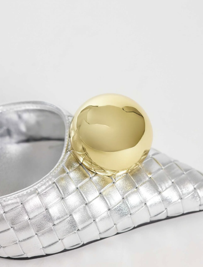 Jw Pei - sofia woven gold sphere heel mules in silver