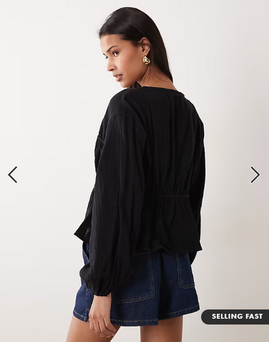 ASOS DESIGN long sleeve smock top with button front in black