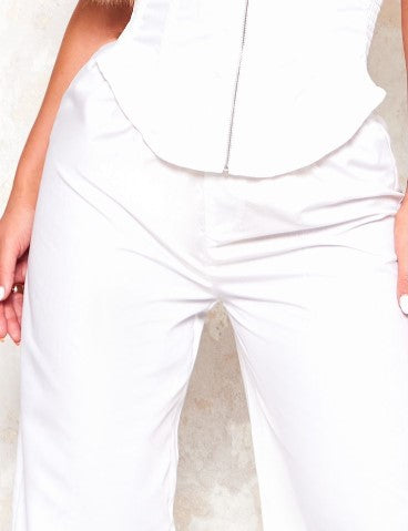 White Woven Wide Leg Cargo Trousers