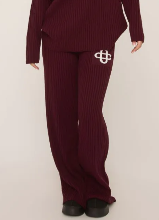 High Waist Swirl Graphic Wide Leg Trousers In Burgundy Rib Knit