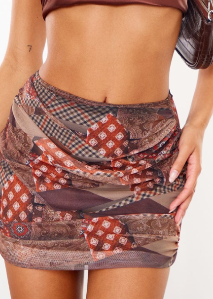 Brown Patchwork Print Double Layer Mesh Wrap Over Panel Mini Skirt