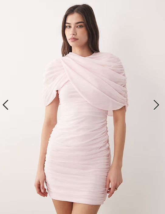 ASOS DESIGN draped mesh cape mini with shoulder pads in baby pink