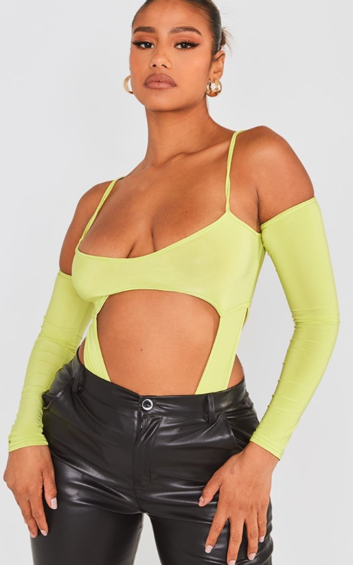 Lime Slinky Cut Out Detail Bodysuit