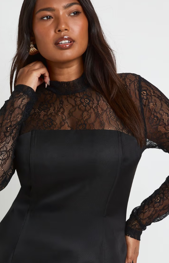 boohoo Plus High Neck Lace Satin Structured Mini Dress