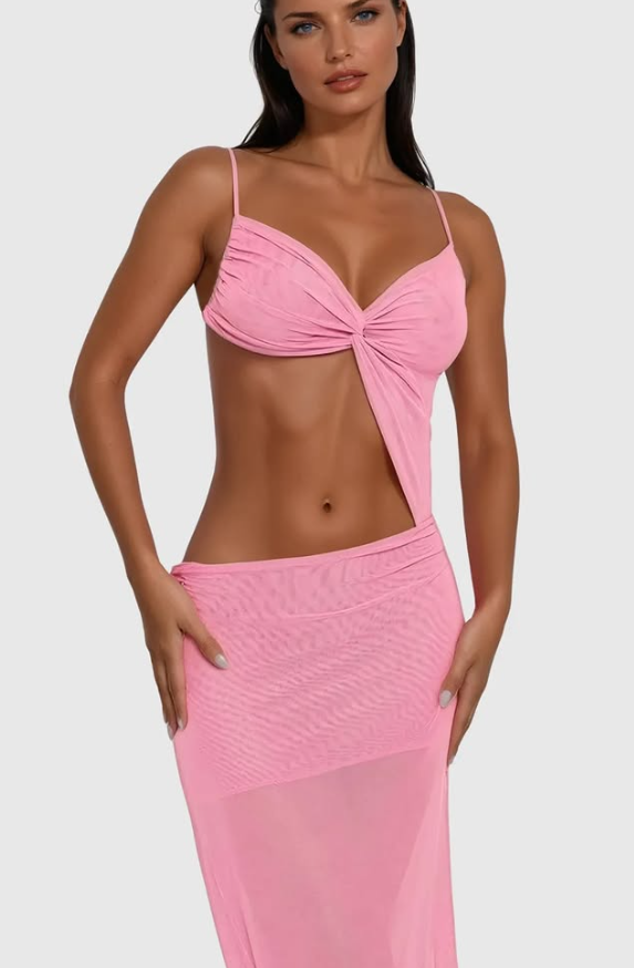 Ego - Strappy twist front detail cut out maxi dress in pink mesh