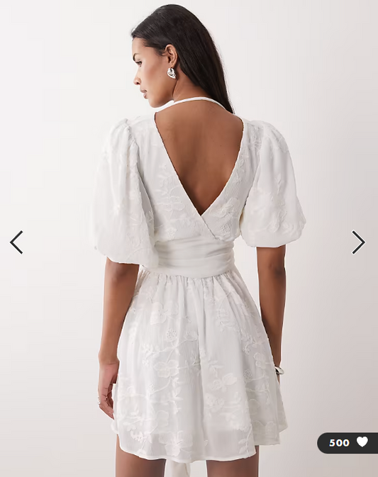Gina Tricot embroidered mini dress with puff sleeves in off white