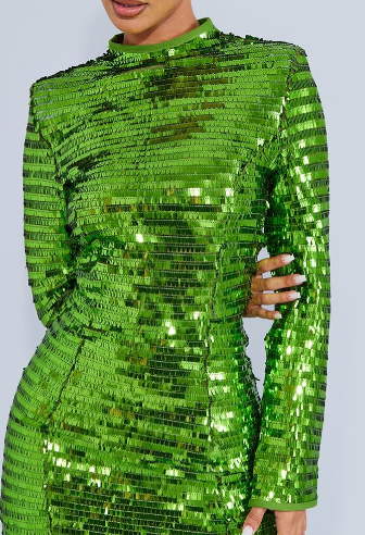 Petite Emerald Green Sequin Shoulder Pad Micro Mini Dress