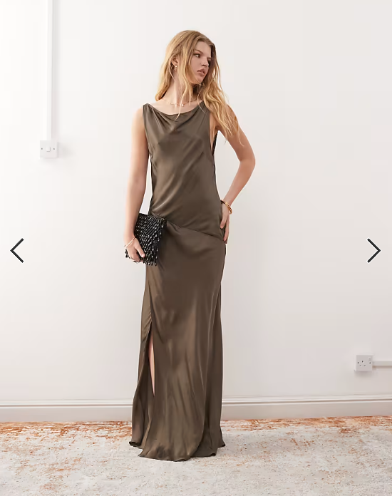 Weekday boat neck bias cut satin maxi dress in dark mole